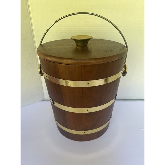 Ice Bucket Walnut Wood Vermillion Brass Vintage‎ liner bucket  MCM - Picture 6 of 12